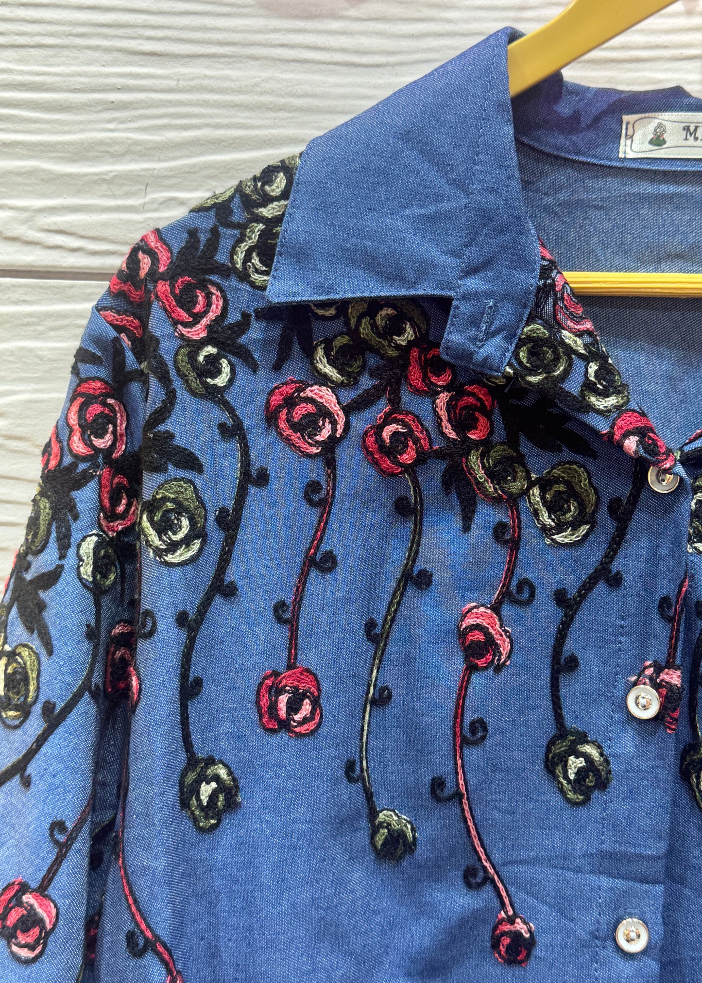 Light Denim Shirt with Floral Embroidery