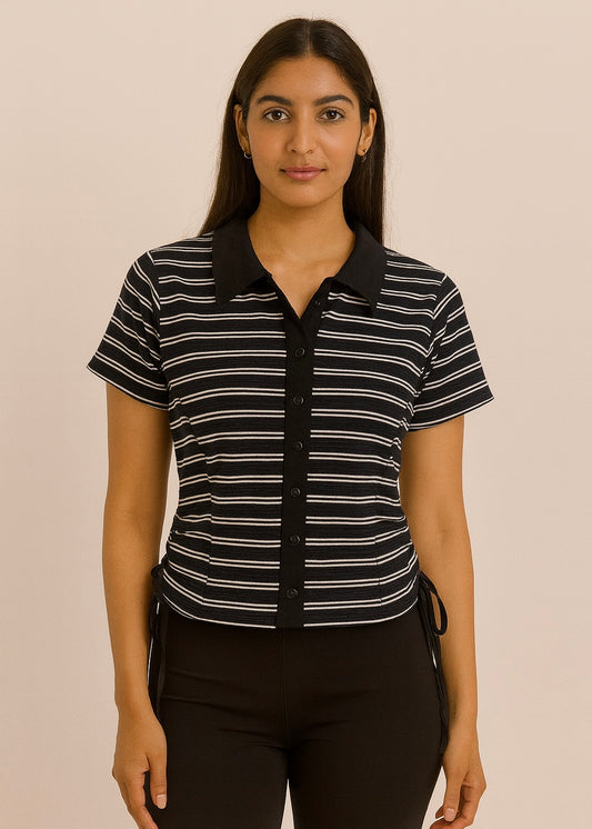Striped Crop Collared T-shirt