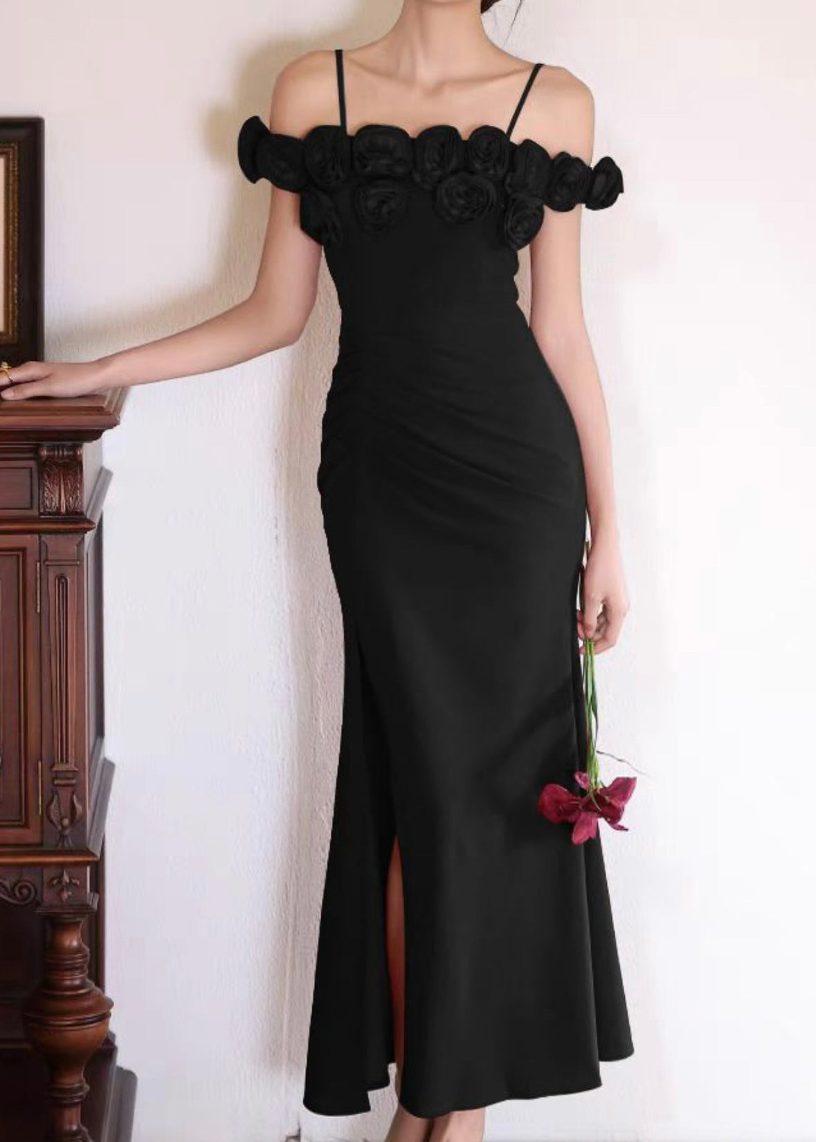 Long Bodycon Dress with Rose Neckline