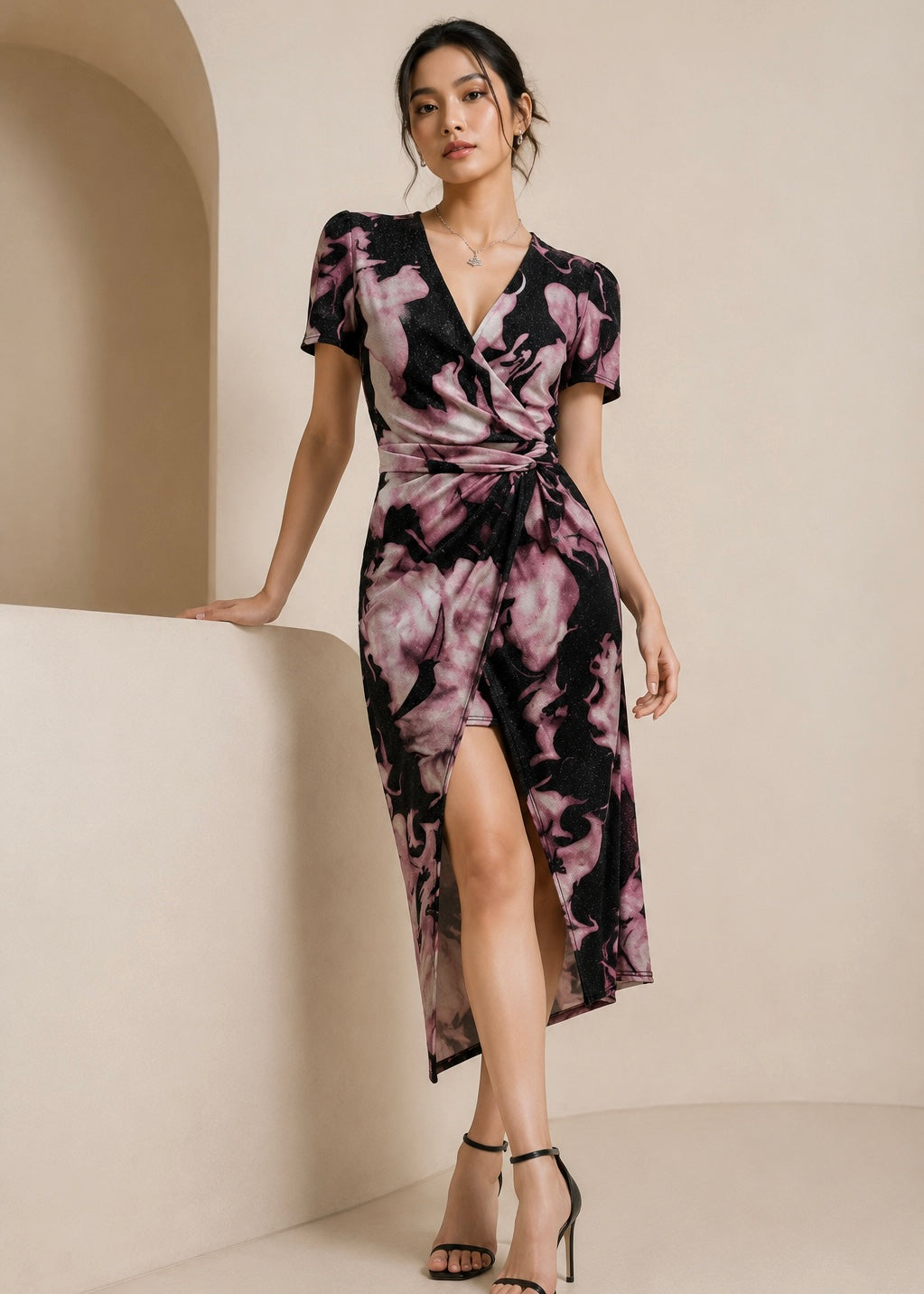 Abstract Printed Partywear Dress with Slit and Shimmer Touch