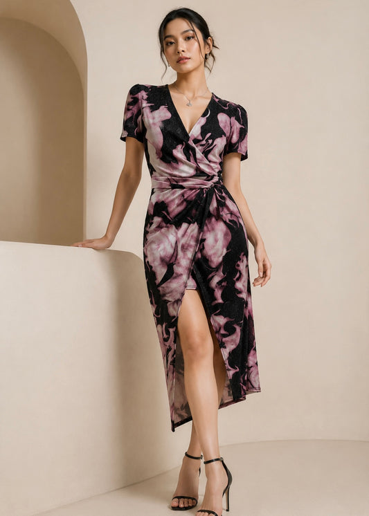 Abstract Printed Partywear Dress with Slit and Shimmer Touch