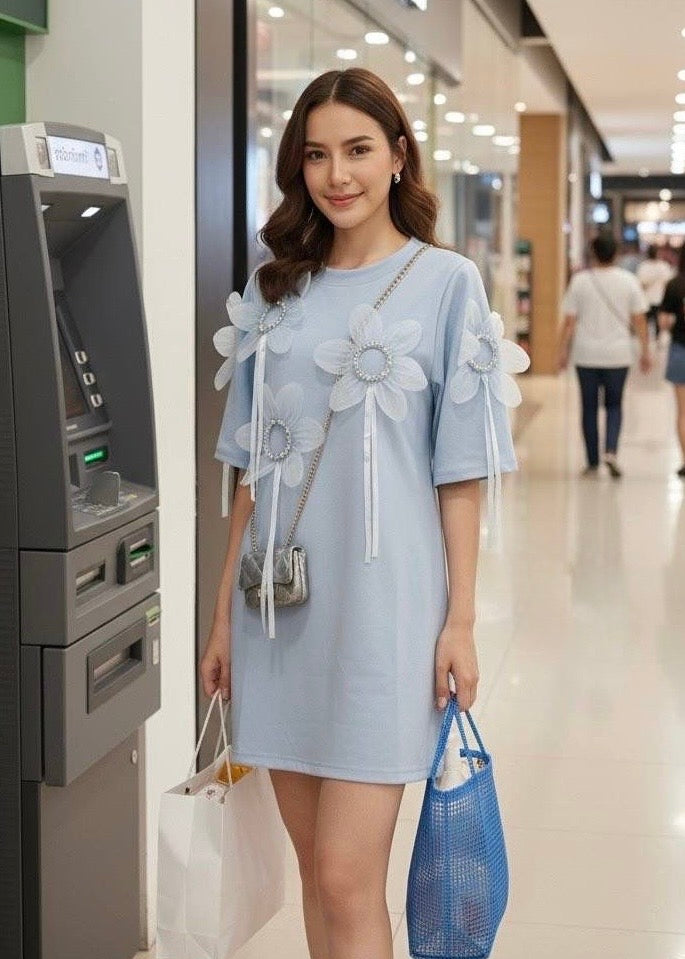 3D Floral Worked T-shirt Dress