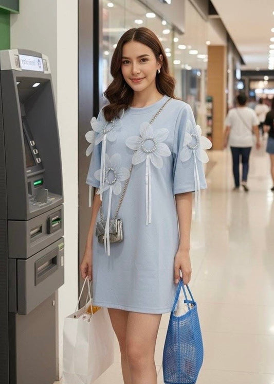 3D Floral Worked T-shirt Dress