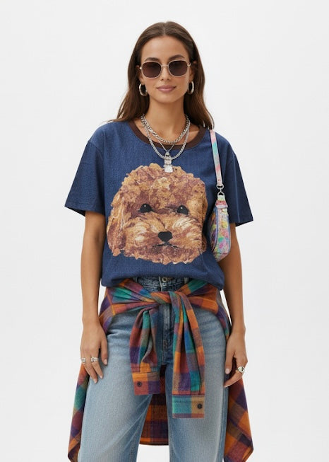 Teddy Printed Denim Like Oversized T-shirt