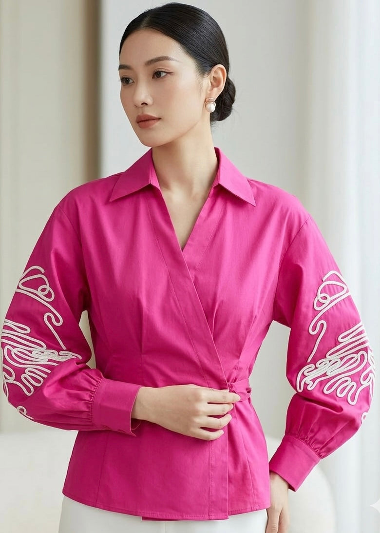 Side Lock Cotton Shirt with Embroidered Sleeves