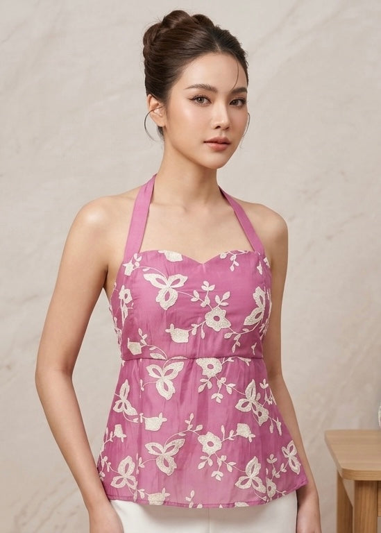 Embroidered Halter Neck Top