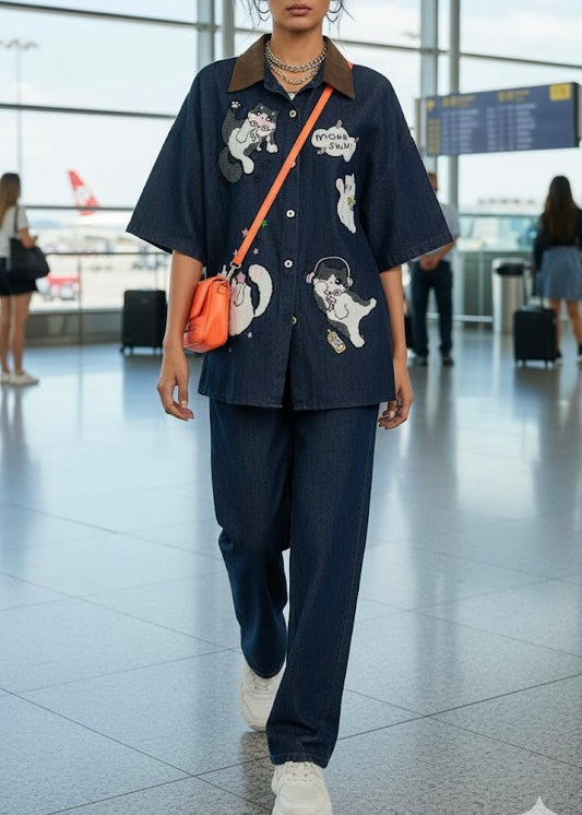 2 Pc Set - Cat Patch Work Denim Shirt & Pant set.