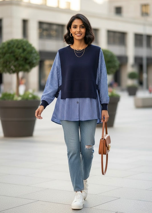 Checkered Shirt with Attached Knitted Top