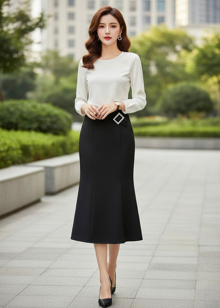 Plain Midi Skirt with Belt