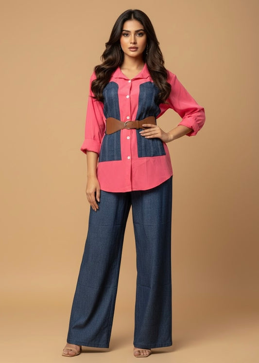 3 Pc Set - Demin Print Shirt, Pant & Belt.