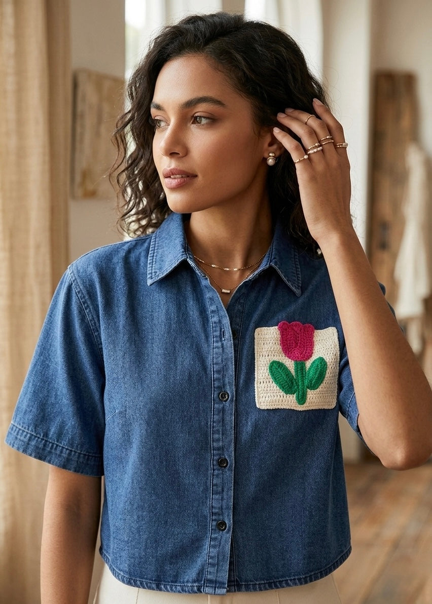 Light Denim Shirt with Embroidered Pocket