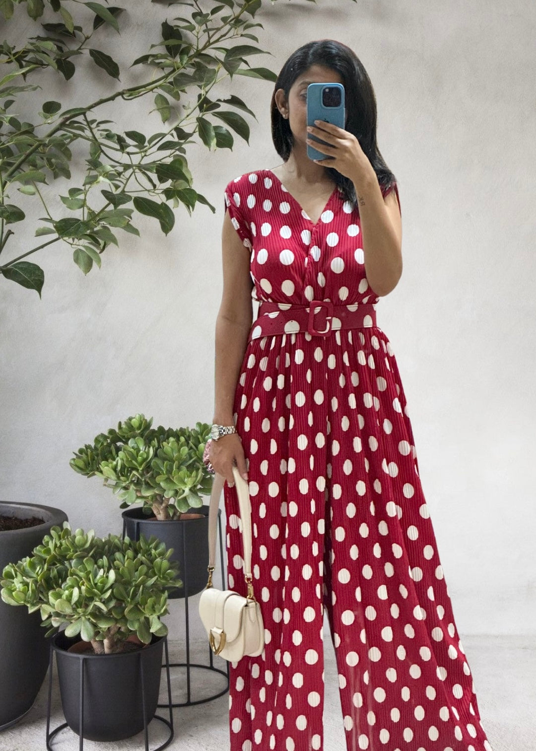 Polka Dot Pleated Jumpsuit with Belt