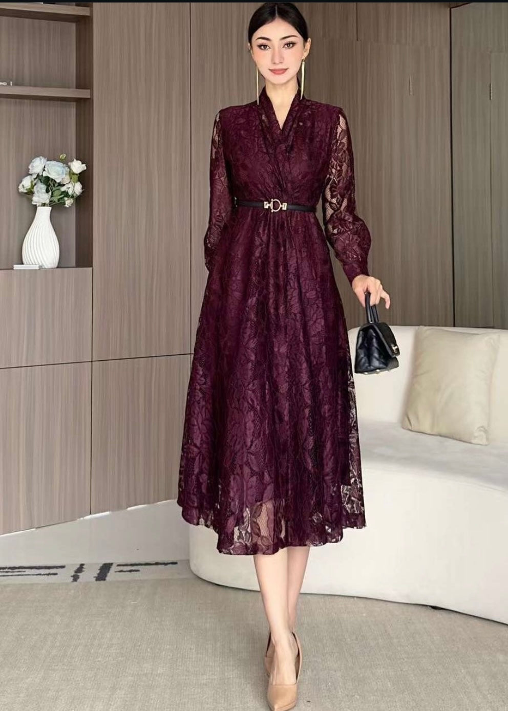 Decorative Long Net Dress with Belt