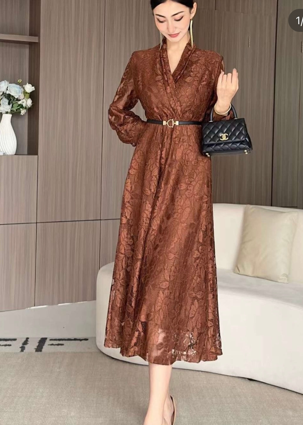 Decorative Long Net Dress with Belt