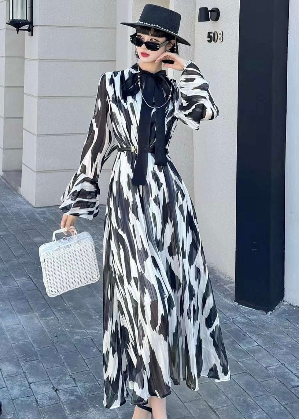 Long Printed Dress with Front Knot