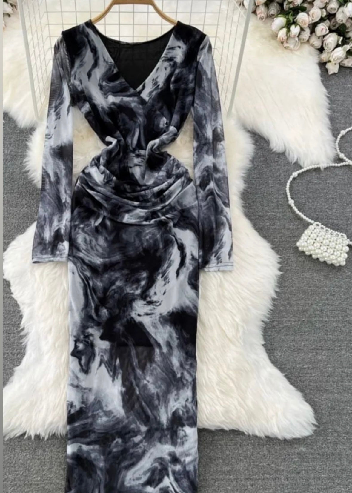 Chic Printed Grey Long Bodycon Mesh Dress