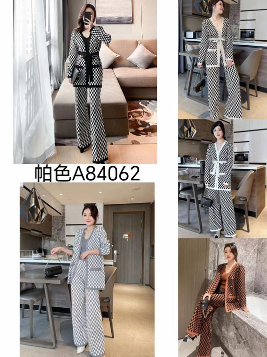 3 Pc Checkered Long Jacket Co-Ord Set