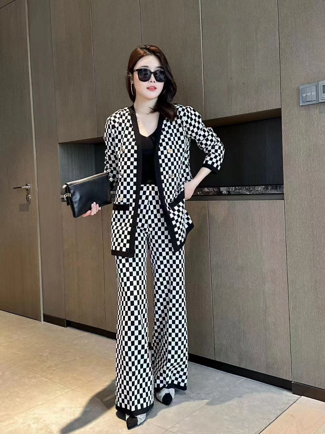 3 Pc Checkered Long Jacket Co-Ord Set