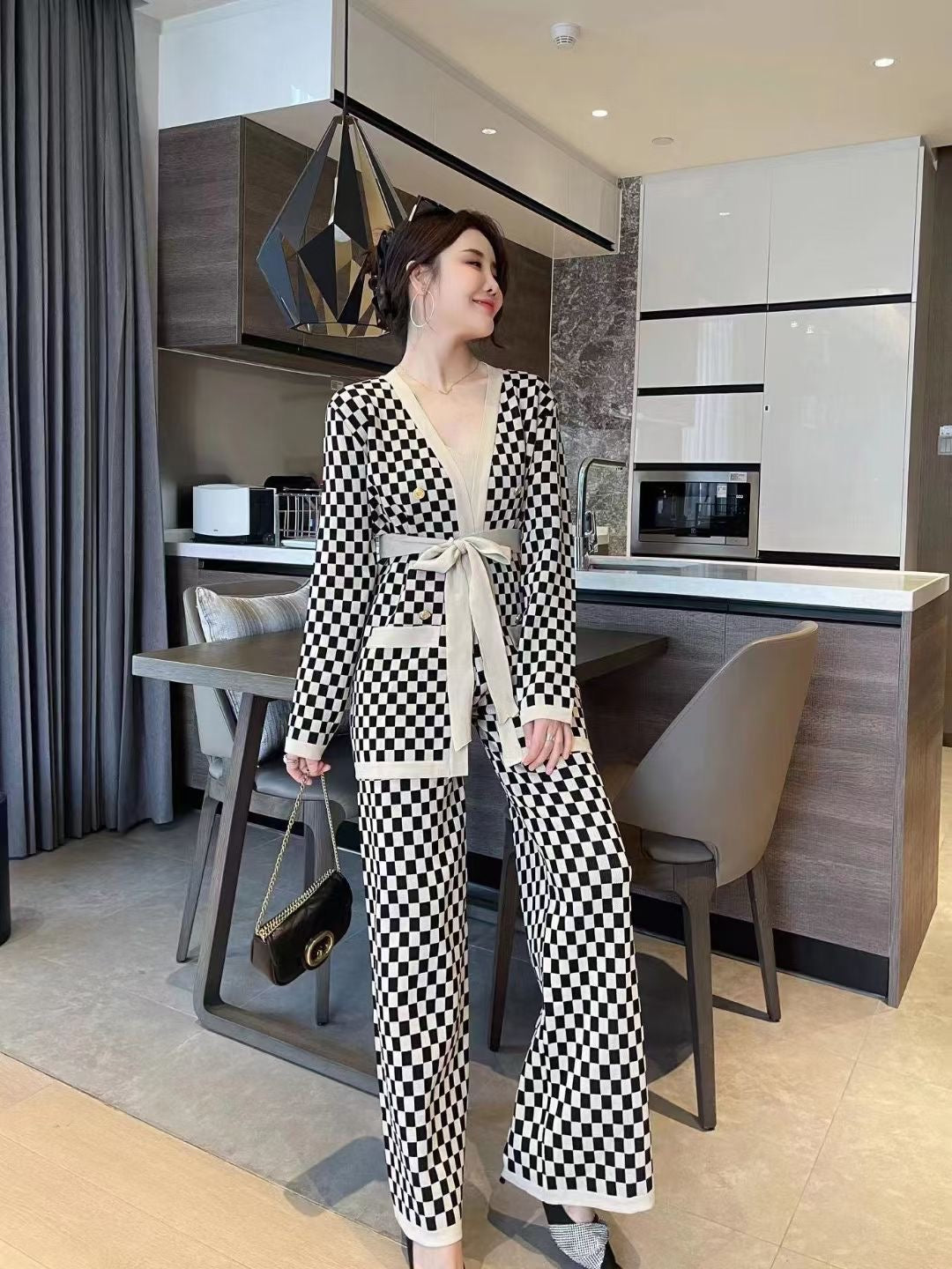 3 Pc Checkered Long Jacket Co-Ord Set