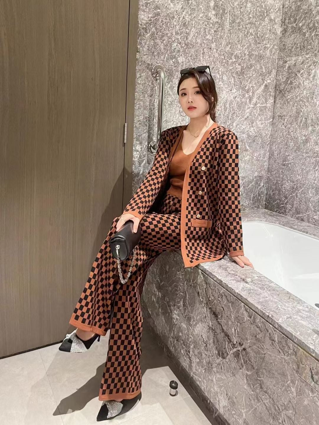 3 Pc Checkered Long Jacket Co-Ord Set