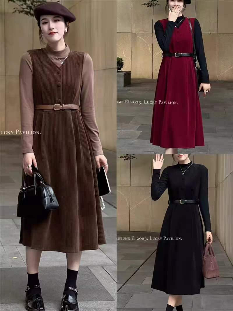 2-Pc Winter Long Dress with belt