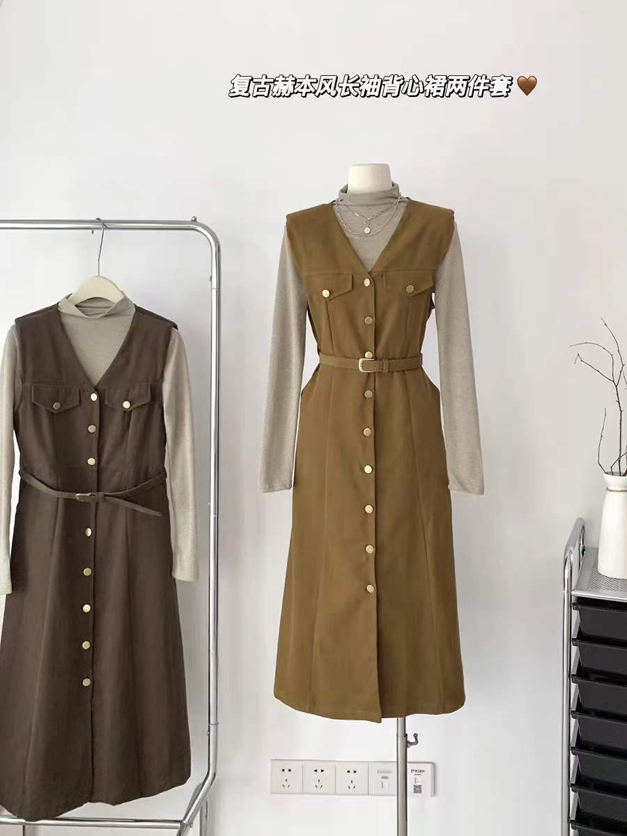 2-Pc Winter Long Dress with belt