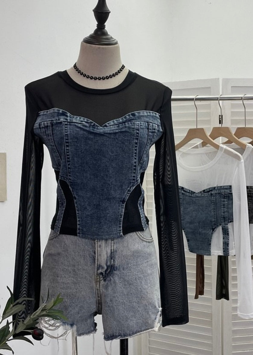 Fullsleeve Mesh Top with Denim Patch (Long)