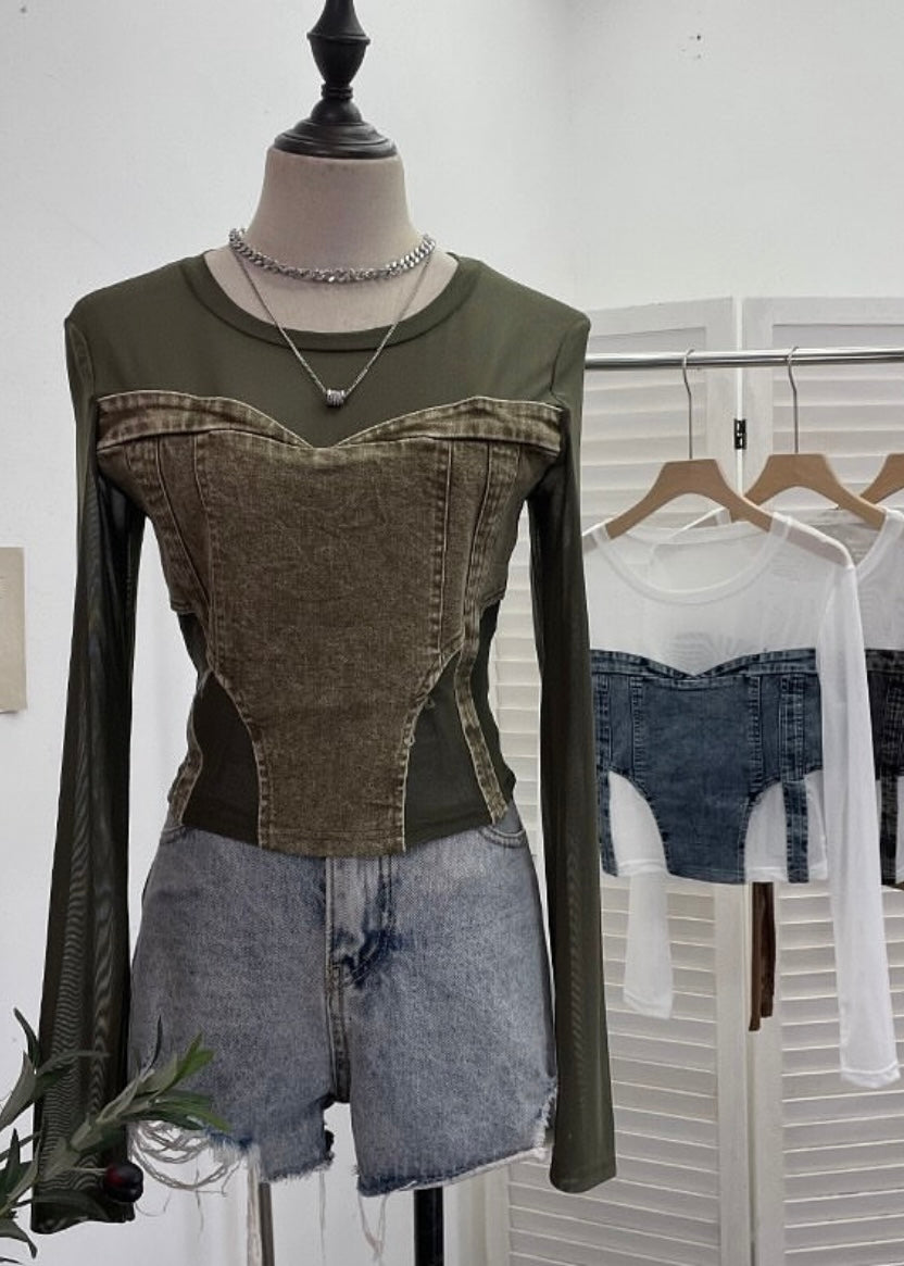 Fullsleeve Mesh Top with Denim Patch (Long)