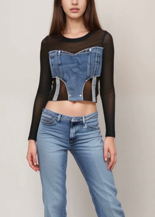 Fullsleeve Mesh Top with Denim Patch (Long)