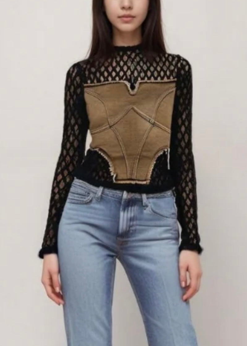 Fullsleeve Mesh Top with denim patch