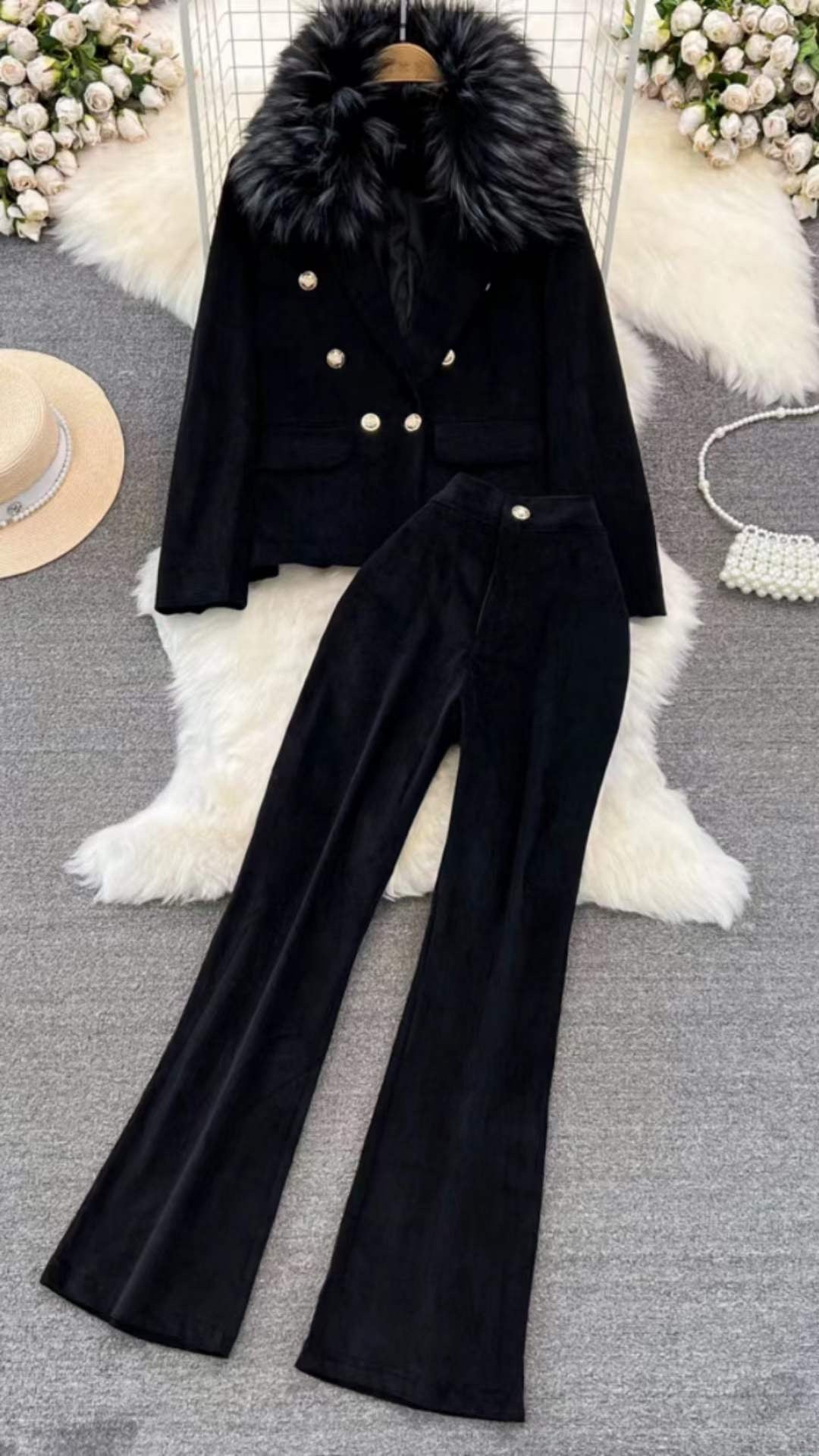 2 Pc Fur Jacket Co-Ord Set