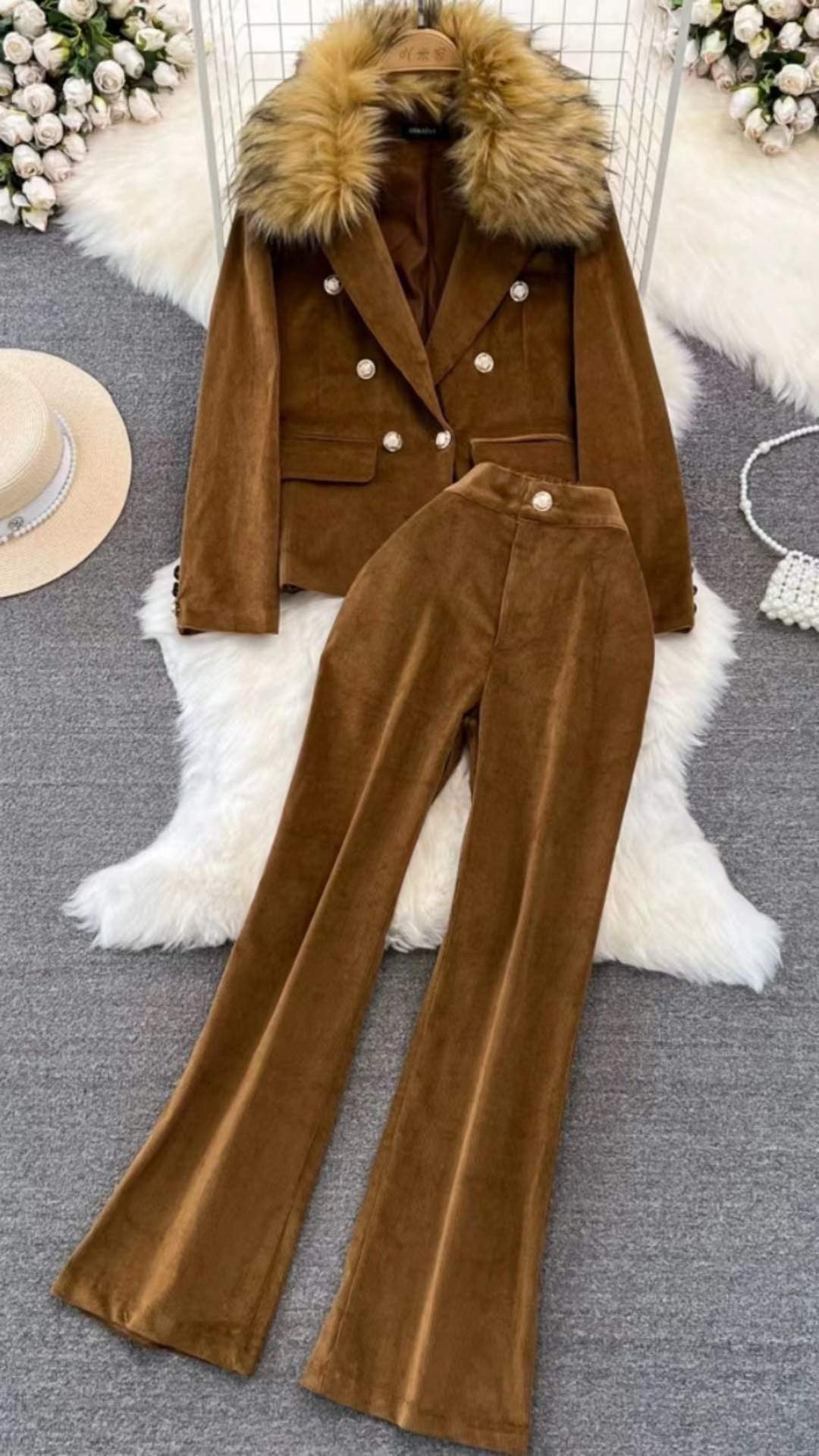 2 Pc Fur Jacket Co-Ord Set