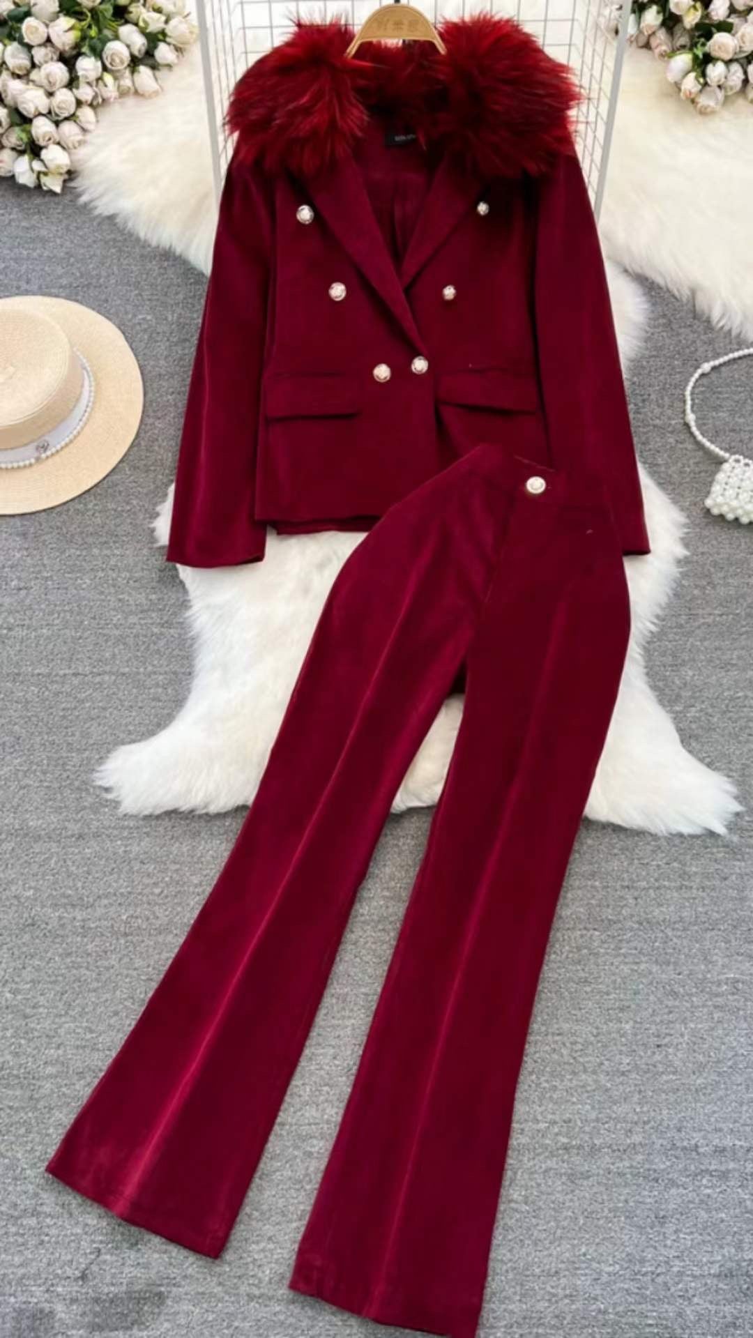 2 Pc Fur Jacket Co-Ord Set