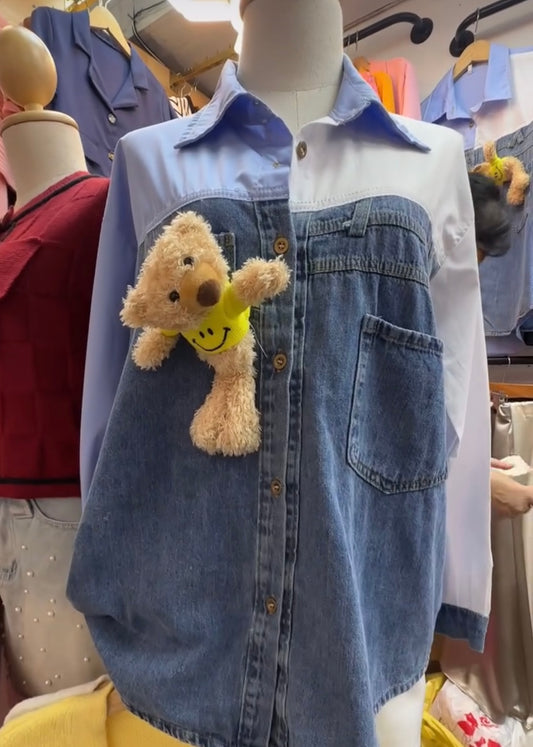 Half Denim Half Plain Shirt with Teddy