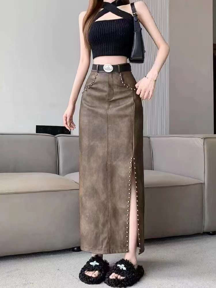 Midi Leather Skirt with Belt