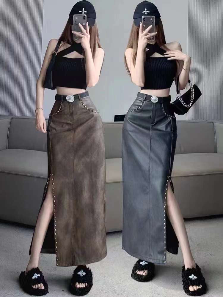 Midi Leather Skirt with Belt