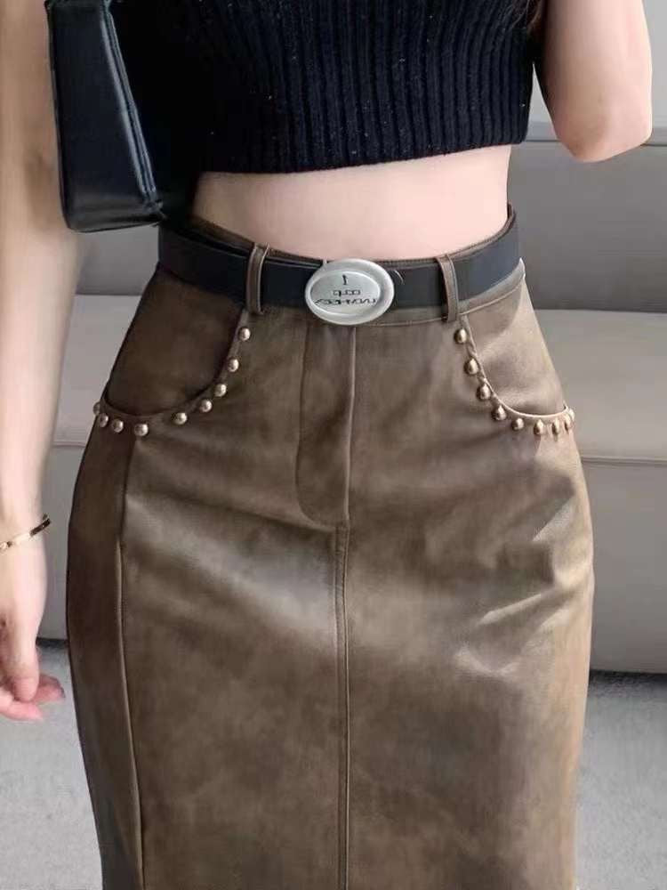 Midi Leather Skirt with Belt