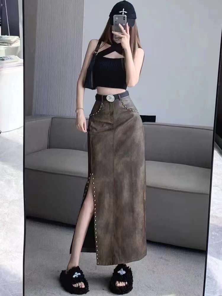 Midi Leather Skirt with Belt