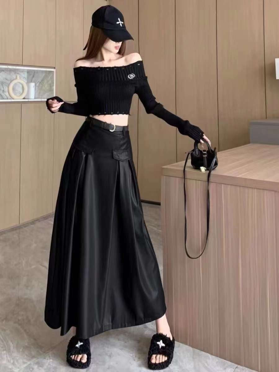 Long A-Line Leather Skirt with Belt