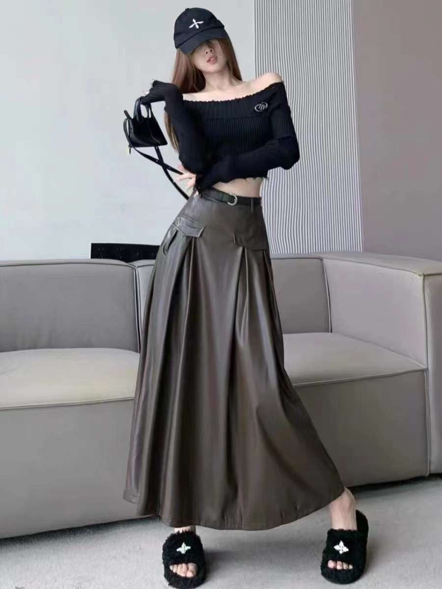 Long A-Line Leather Skirt with Belt