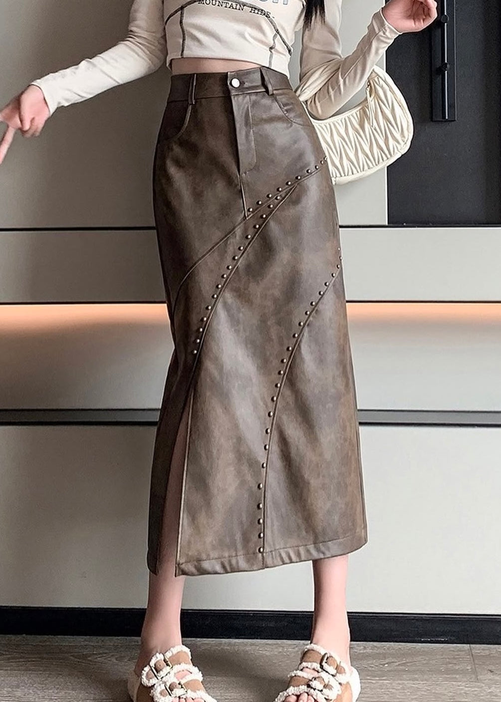 Mid Length Leather Skirt with Slit