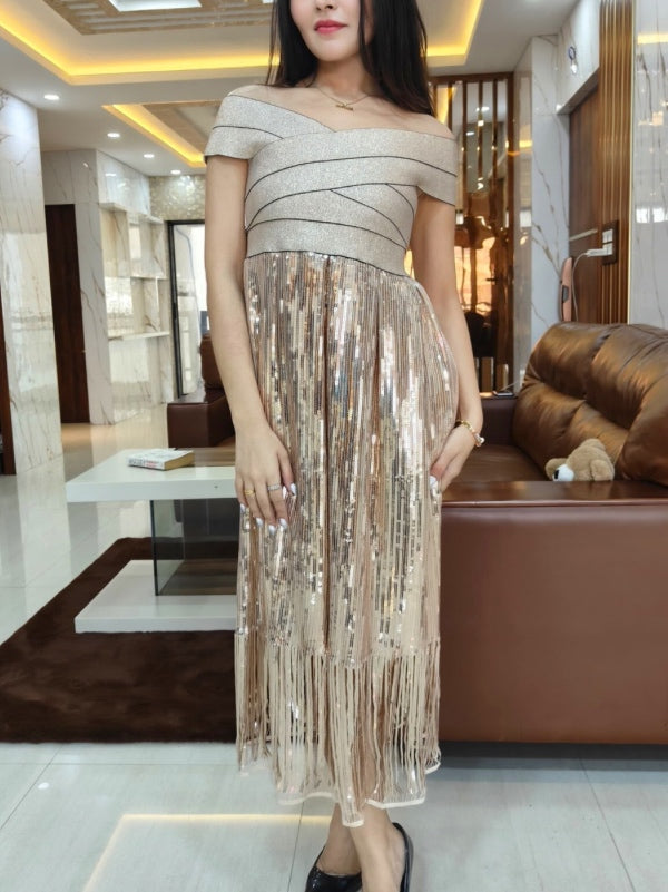 Long Off Shoulder Shimmer Dress