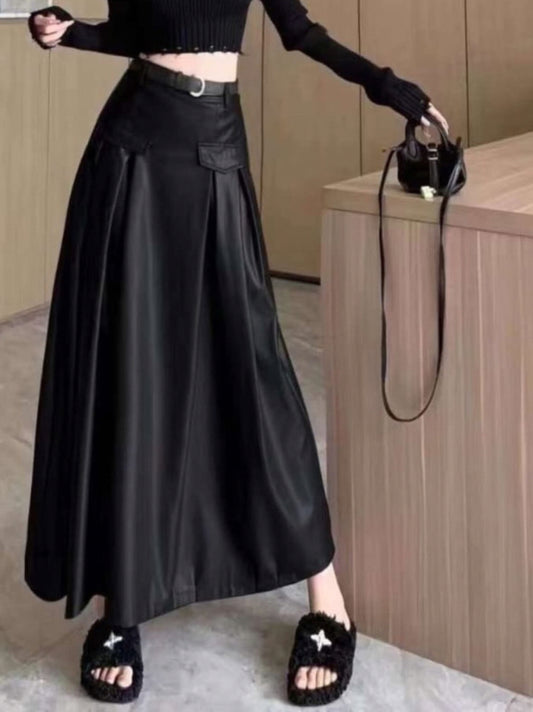 Long A-Line Leather Skirt with Belt