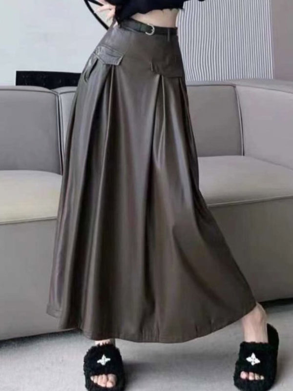 Long A-Line Leather Skirt with Belt