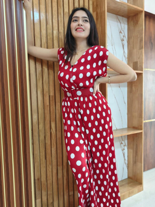 Polka Dot Pleated Jumpsuit with Belt