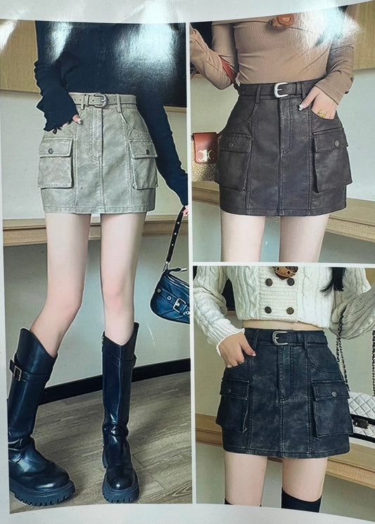 Short Leather Skirt with Pockets