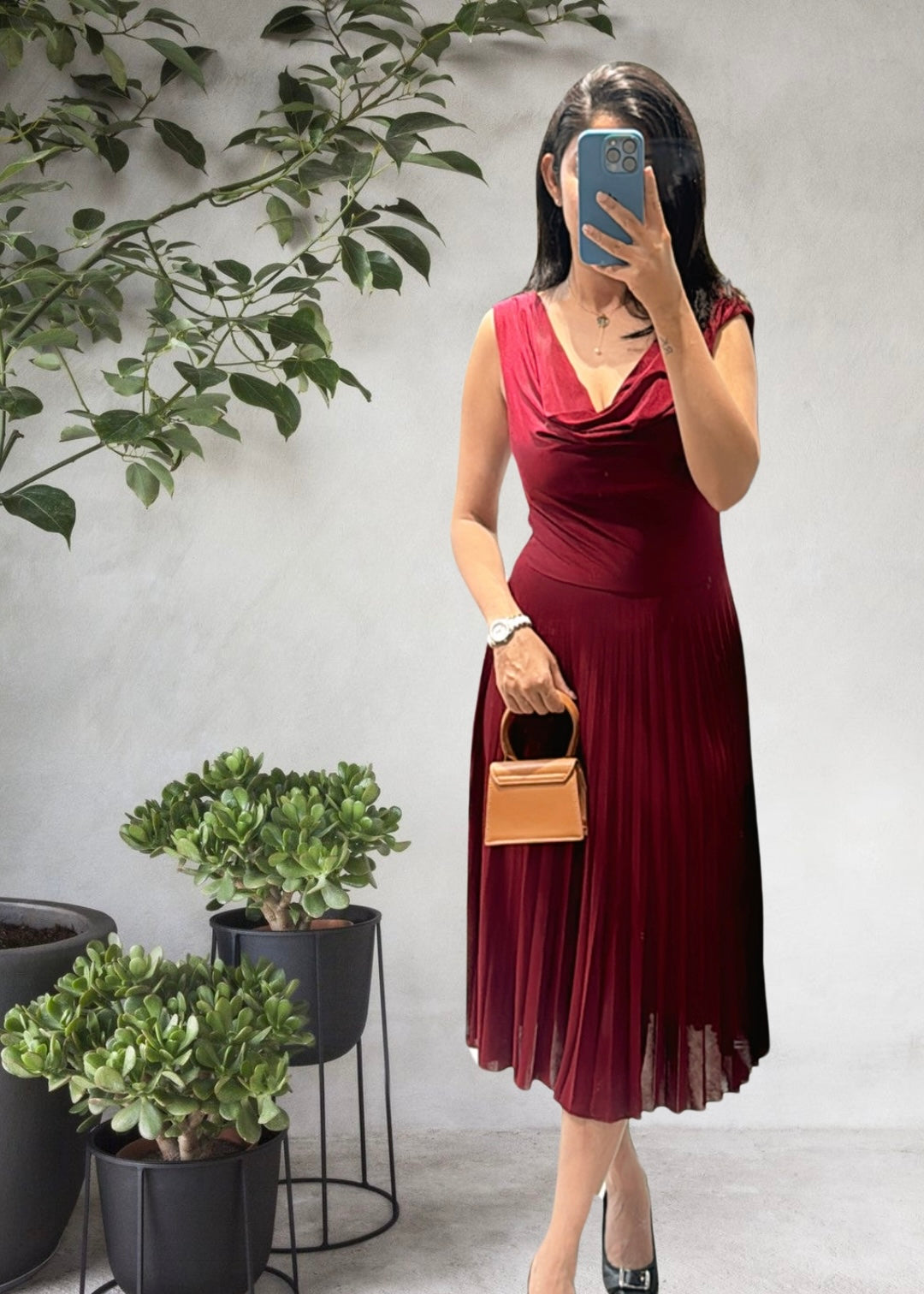 Midi Pleated Dress with Cowl Neck