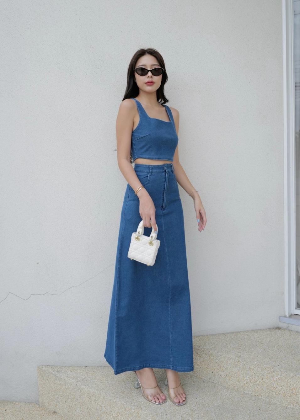 2 Pc Long Denim Skirt Set