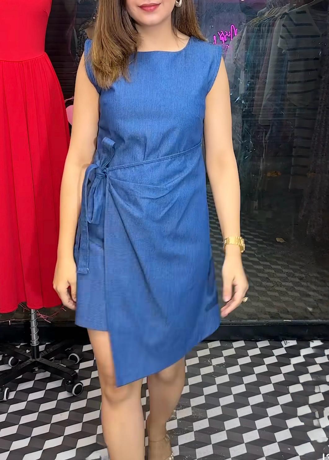 Plain Denim Wrap Short Dress