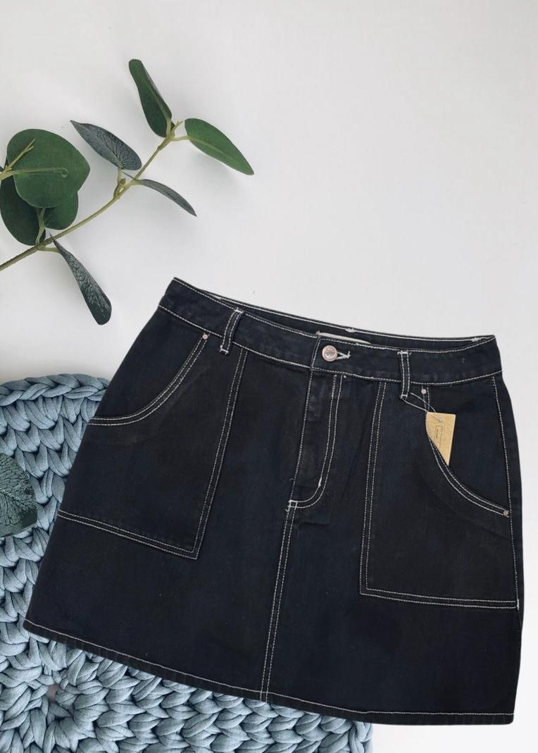 Black Denim Skirt with White thread Embroidery